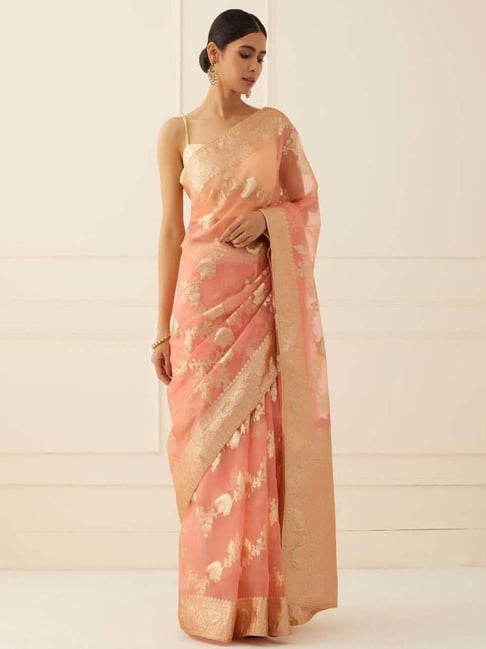 Geroo Jaipur Peach & Golden Woven Pattern Saree With Unstitched Blouse-picture-25
