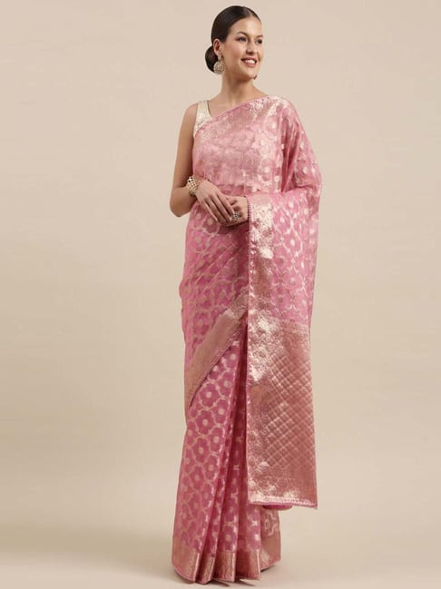 Geroo Jaipur Pink Woven Pattern Saree With Unstitched Blouse Price in India