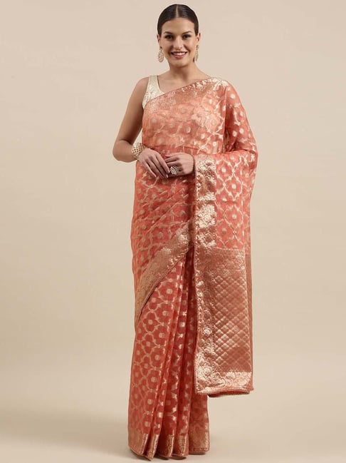 Geroo Jaipur Peach Woven Pattern Saree With Unstitched Blouse Price in India