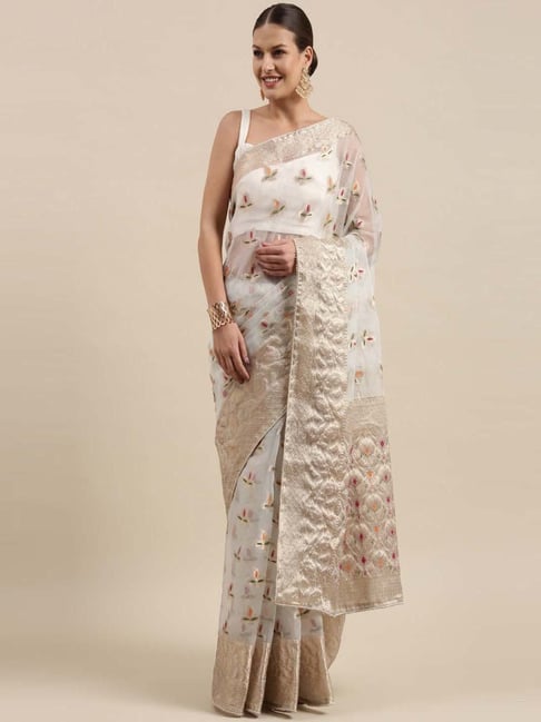 Geroo Jaipur Off-White Woven Pattern Saree With Unstitched Blouse Price in India