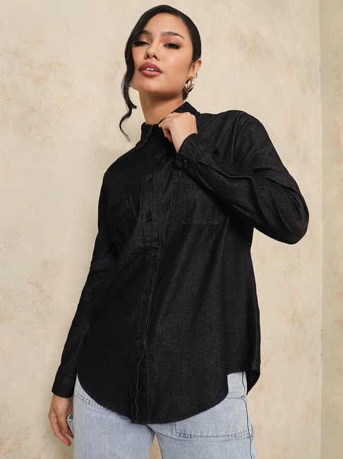 Styli Black Cotton Regular Fit Shirt Price in India