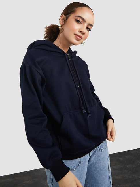Cotton Women's Half Hoodies H&M Women Blue Solid Half-Zip Hoodie