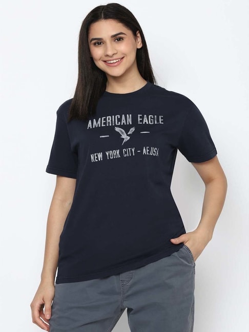 American Eagle Outfitters Blue Cotton Printed Tee Price in India