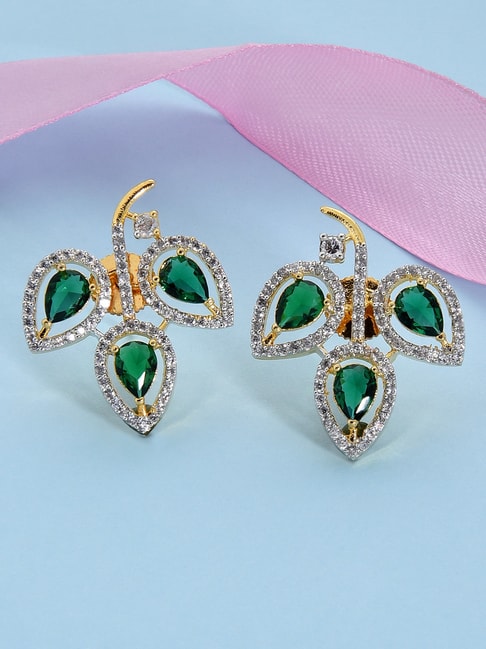 EmeraldDiamond And Brass GreenSilver and Golden Green Emerald Diamond  Gemstone Earrings