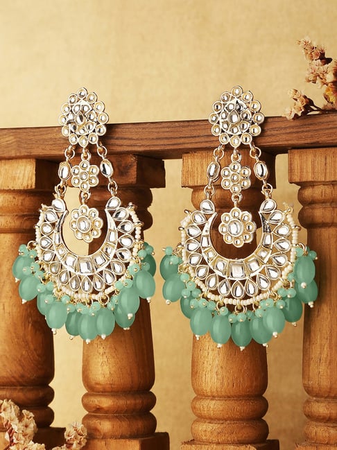 Light weight earrings light green and kundan stones with pearl maatal –  Maatshi