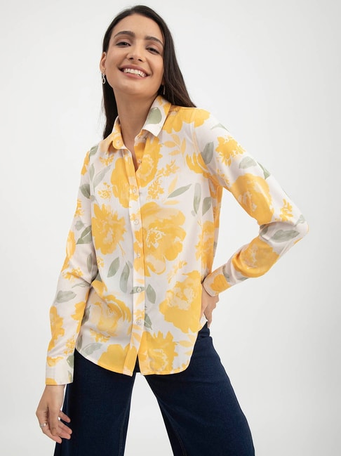 Fablestreet White & Yellow Floral Print Shirt Price in India