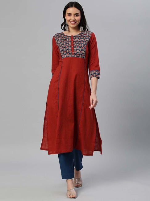 Kami Kubi Red Cotton Printed A Line Kurta Price in India