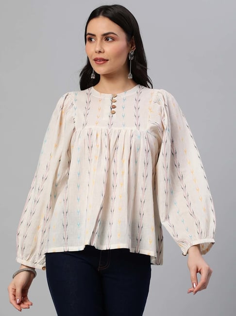 Kami Kubi Off-White Cotton Woven Pattern Top Price in India