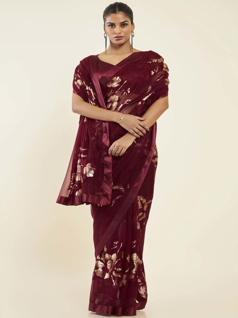 Soch Maroon Printed Saree With Unstitched Blouse Price in India