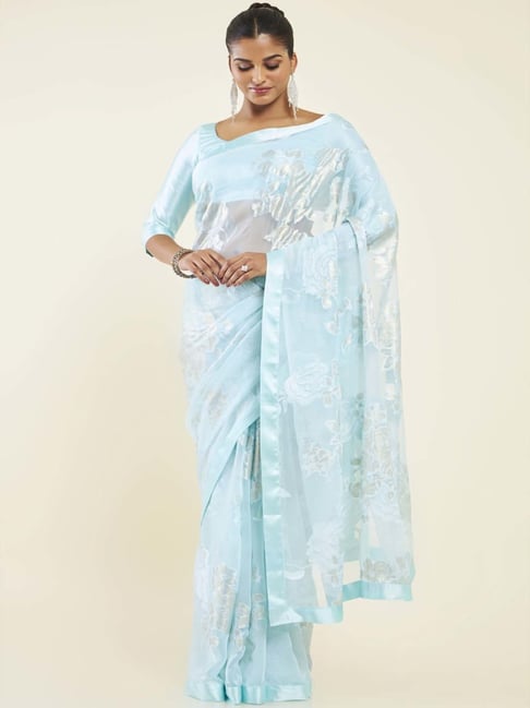 Soch Powder Blue Floral Print Saree With Unstitched Blouse Price in India