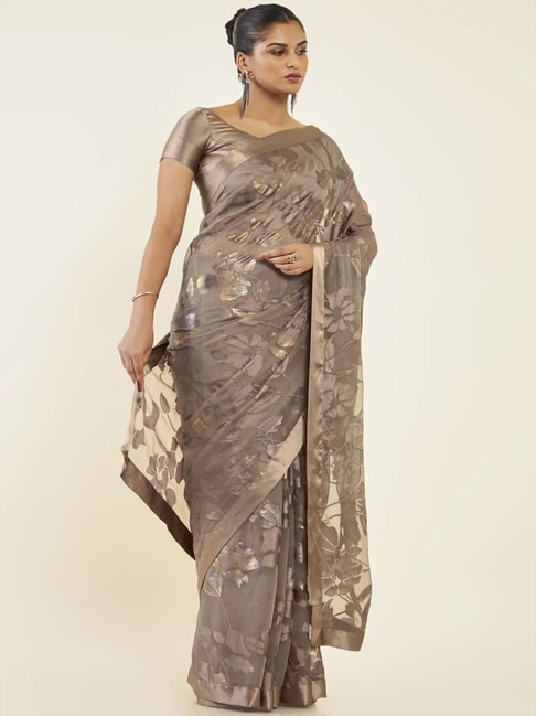 Soch Brown Saree With Unstitched Blouse Price in India