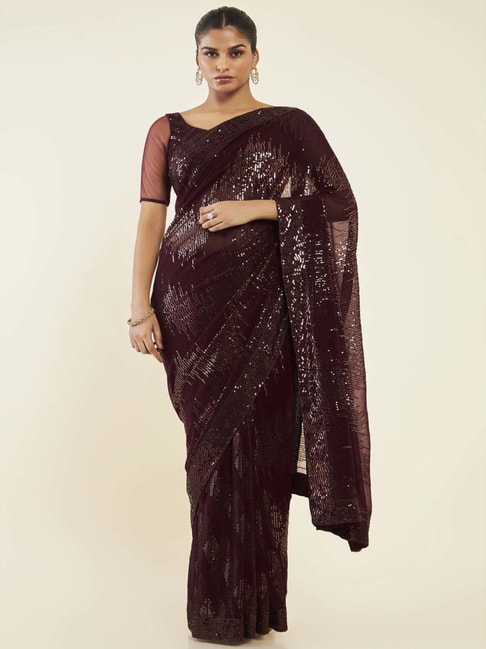 Soch Brown Embellished Saree With Unstitched Blouse Price in India