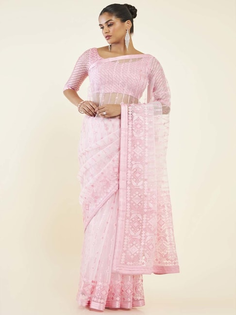 Soch Pink Printed Saree With Unstitched Blouse Price in India