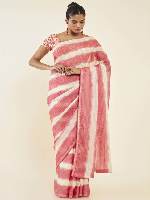 Soch Peach Striped Saree With Unstitched Blouse Price in India
