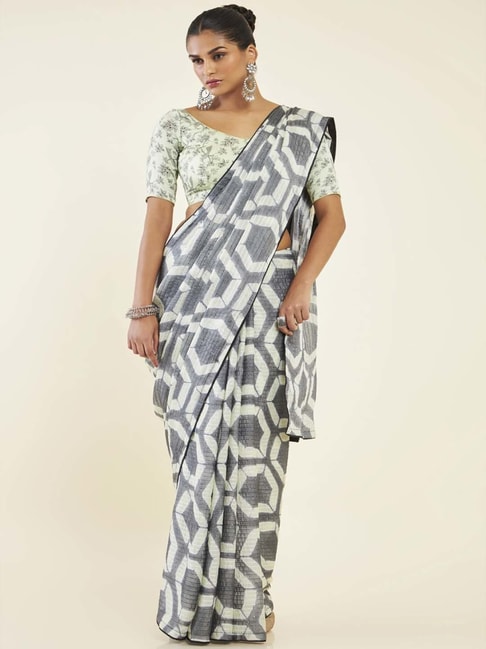 Soch Charcoal Grey Printed Saree With Unstitched Blouse Price in India