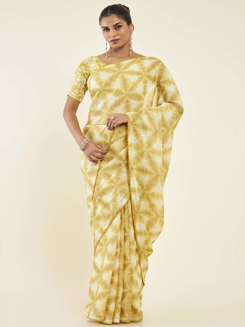 Soch Yellow Printed Saree With Unstitched Blouse Price in India