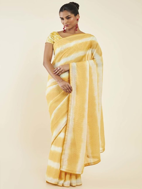 Soch Yellow Striped Saree With Unstitched Blouse Price in India