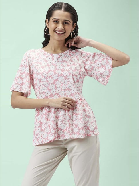Honey by Pantaloons Pink & White Cotton Printed Top