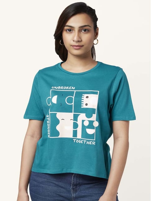 People by Pantaloons Teal Blue Cotton Graphic Print T-Shirt