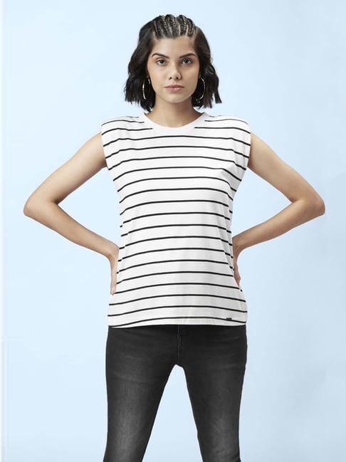 Buy SF Jeans by Pantaloons White Black Cotton Striped Top for