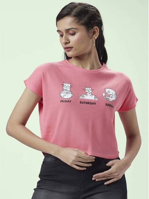 People by Pantaloons Pink Cotton Printed Top