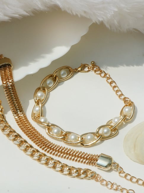 Gold pearl bracelet and teardrop earrings, wedding jewelry set, handmade  jewelry - Shop AnnyStyleJewelry Bracelets - Pinkoi