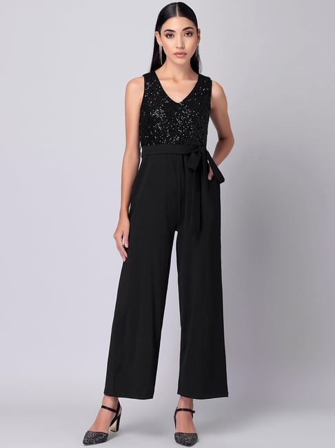 FabAlley Black Sequin Sleeveless Belted Jumpsuit