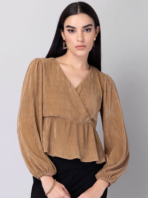 FabAlley Beige Pleated Wrap Top Price in India
