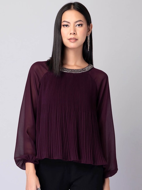 FabAlley Wine Pleated Embellished Neck Top Price in India