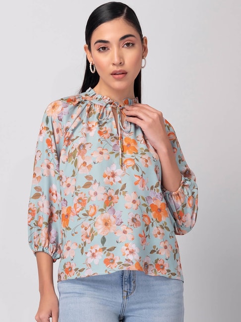 FabAlley Blue Floral Raglan Sleeve Neck Tie Blouse Price in India