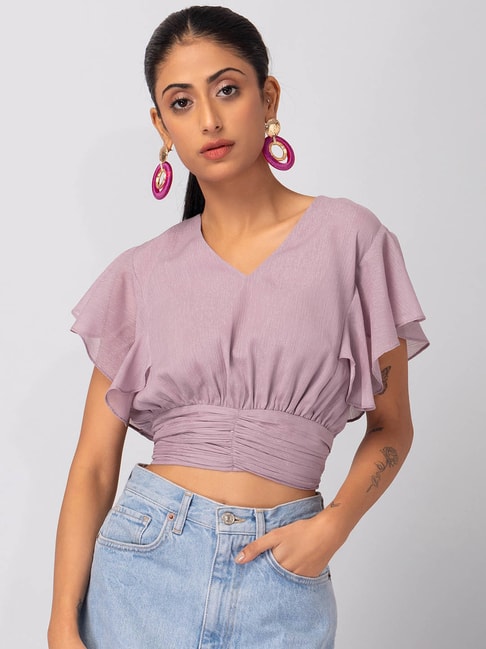 FabAlley Lilac Ruched Ruffle Sleeve Crop Top Price in India