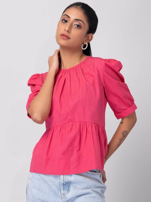 FabAlley Hot Pink Puff Sleeve Peplum Top Price in India