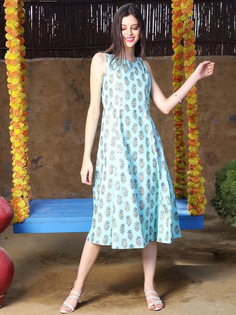 Sera Blue Cotton Printed A-Line Dress Price in India