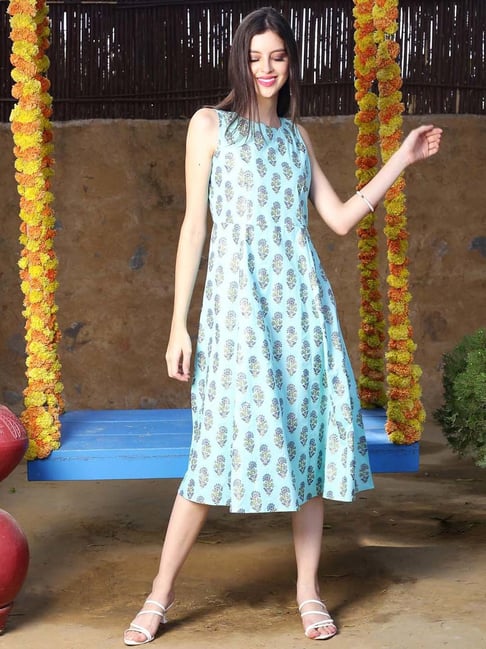 Sera Blue Cotton Printed A-Line Dress