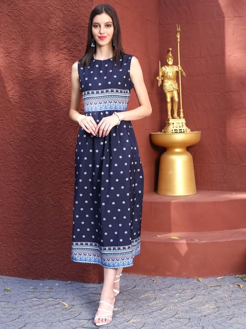 Sera Navy Printed A-Line Dress Price in India