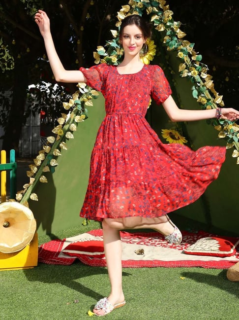 Sera Red Printed A-Line Dress Price in India