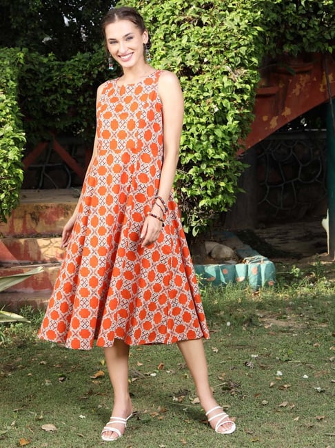 Sera Orange Cotton Printed Dress Price in India