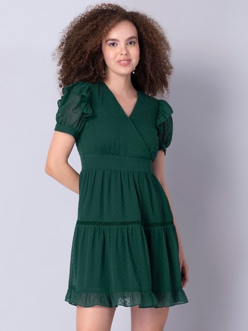 FabAlley Green Frill Sleeve Trim Wrap Dress Price in India