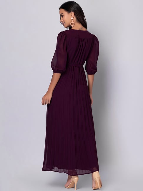 FabAlley Purple Pleated Maxi Dress with Self Fabric Belt