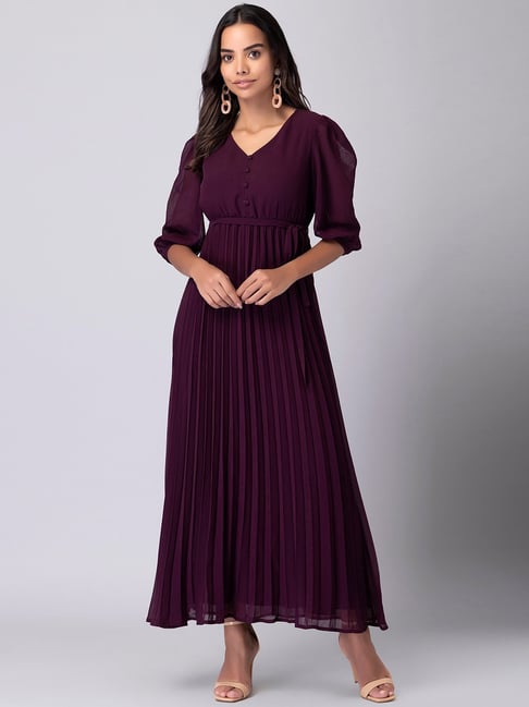FabAlley Purple Pleated Maxi Dress with Self Fabric Belt Price in India
