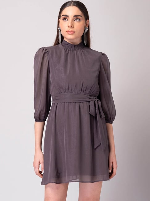 FabAlley Mauve Shimmer High Neck Belted Dress Price in India