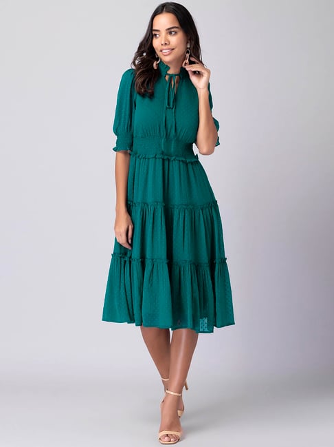 FabAlley Teal Tiered Neck Tie Midi Dress Price in India