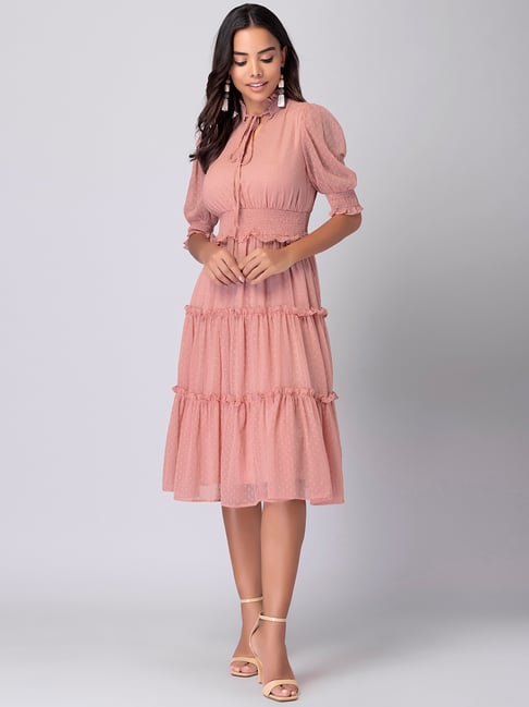 FabAlley Peach Tiered Midi Dress Price in India