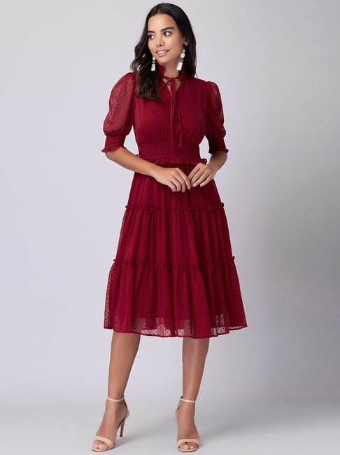 FabAlley Red Tiered Neck Tie Midi Dress Price in India