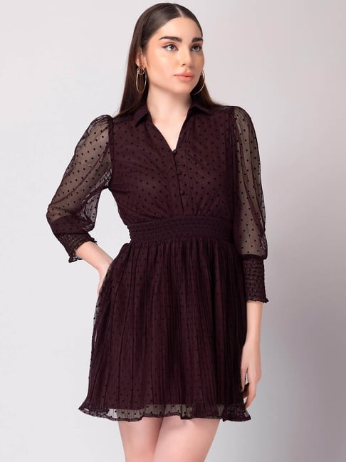 FabAlley Wine Dotted Mesh Smocked Waist Dress Price in India