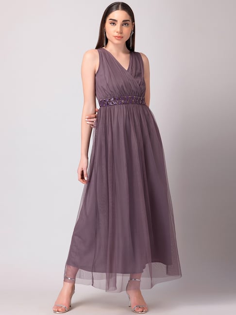 FabAlley Lilac Mesh Embellished Maxi Dress Price in India