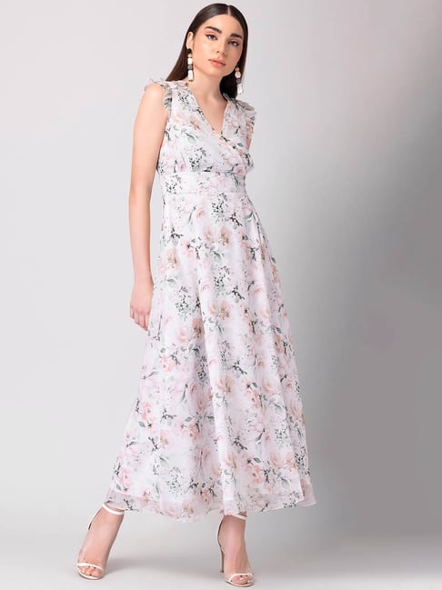 FabAlley White Floral Ruffle Sleeve Maxi Dress Price in India