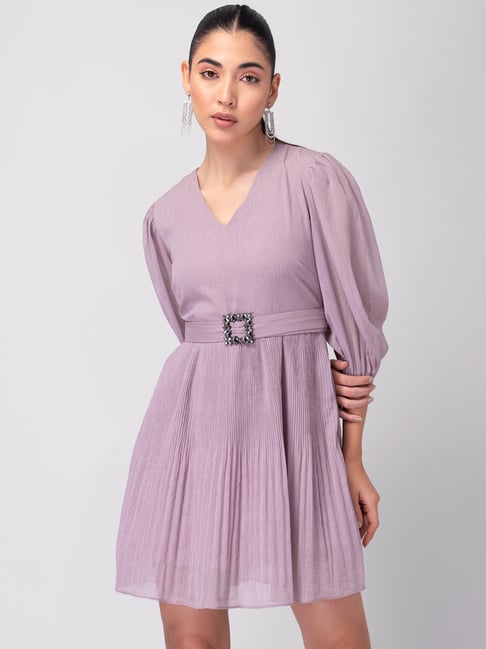 FabAlley Lilac Pleated A-Line Dress With Buckle Belt Price in India