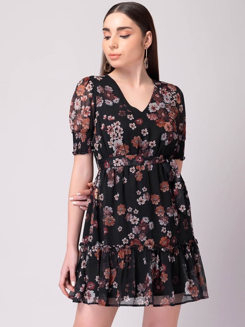 FabAlley Black Floral Print Smocking Cuff Skater Dress