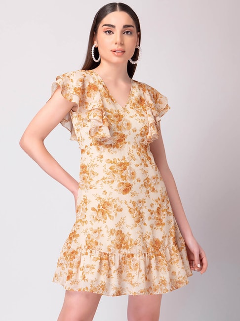 FabAlley Yellow Floral Print Ruffled Mini Dress Price in India